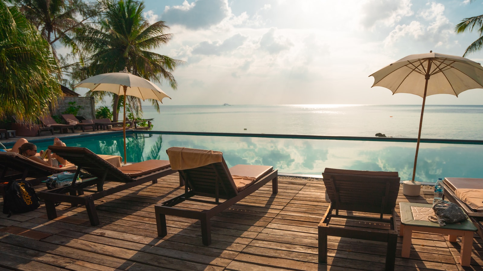 Resort pool at sunset